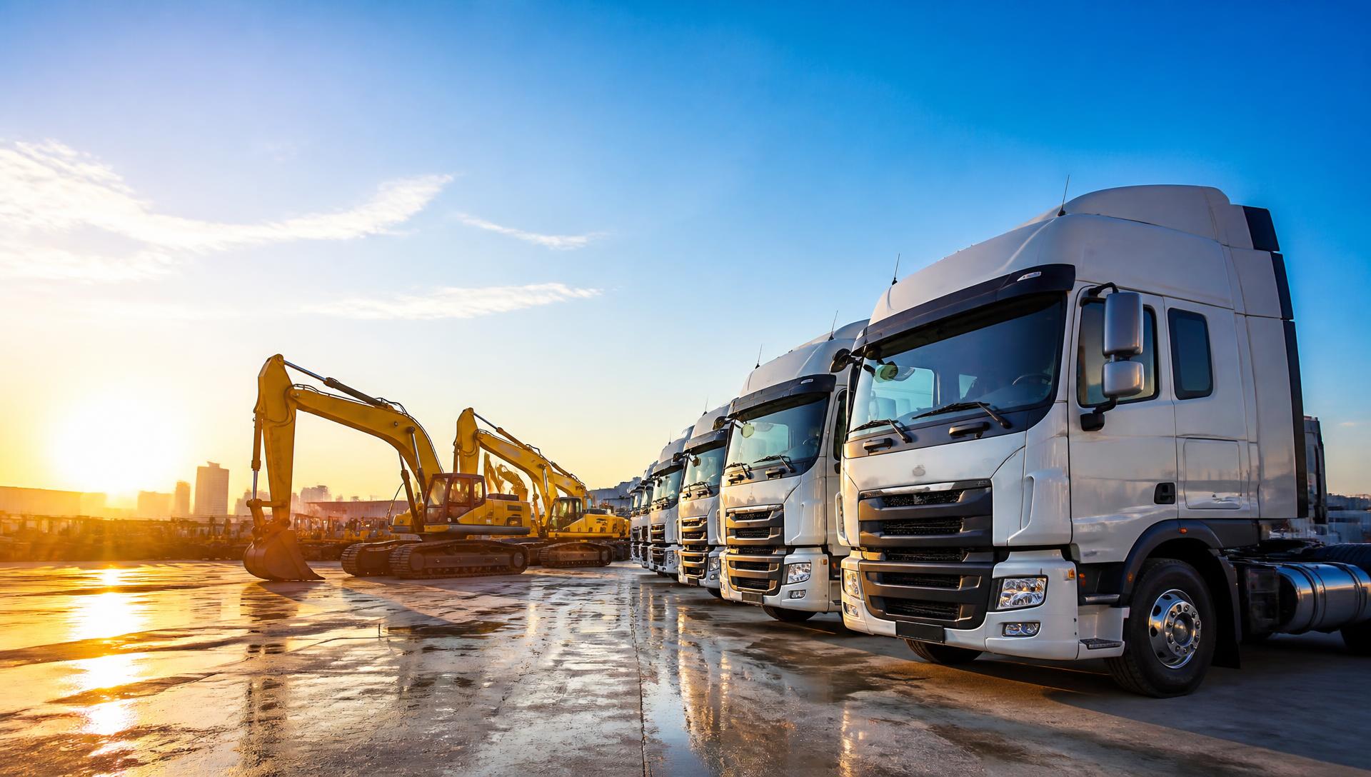 Commercial trucks and construction equipment at a sunlit yard